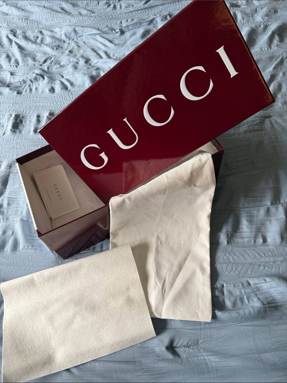 Gucci Cream Dust Bags with Burgundy Logo Box